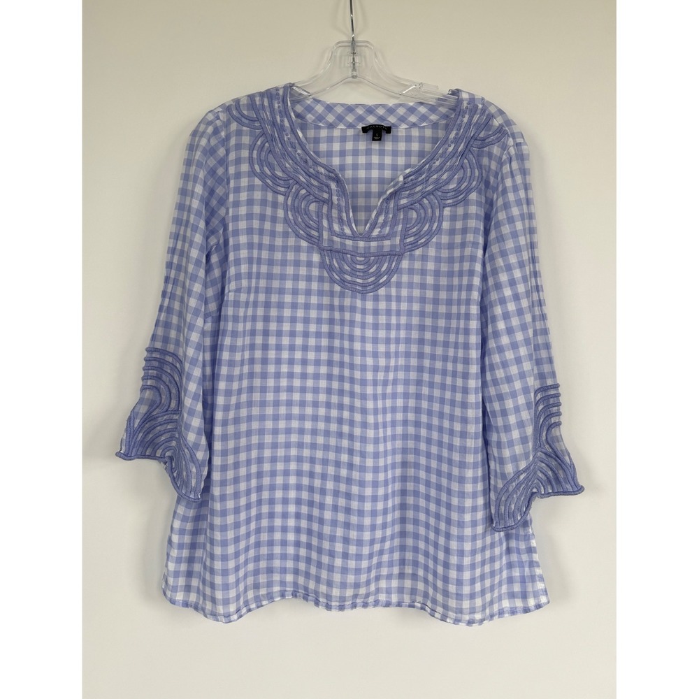 Talbots Womens Gingham Soutache Embroidered Tunic Top Blue White Cotton Large